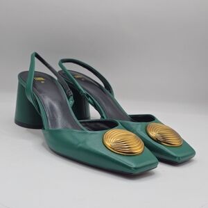 Zara Green Leather Gold Embellished Slingbacks